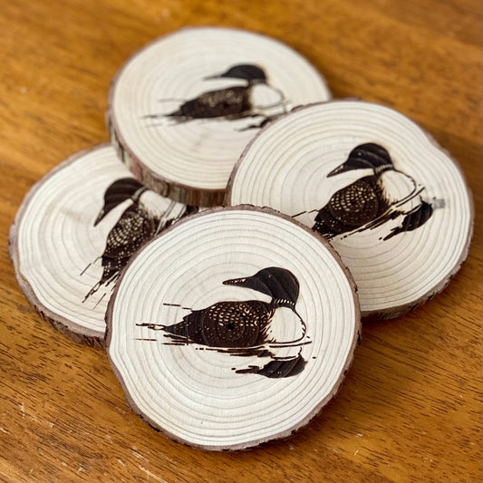 Four round wooden coasters with loon illustrations on a wooden surface