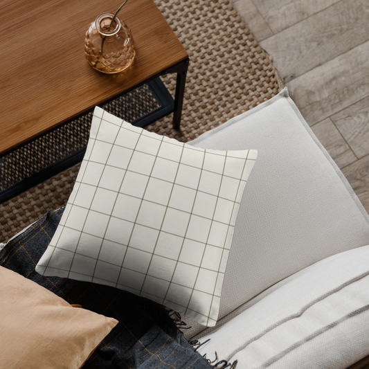 Pillows on a wooden bench with a wooden table in the background