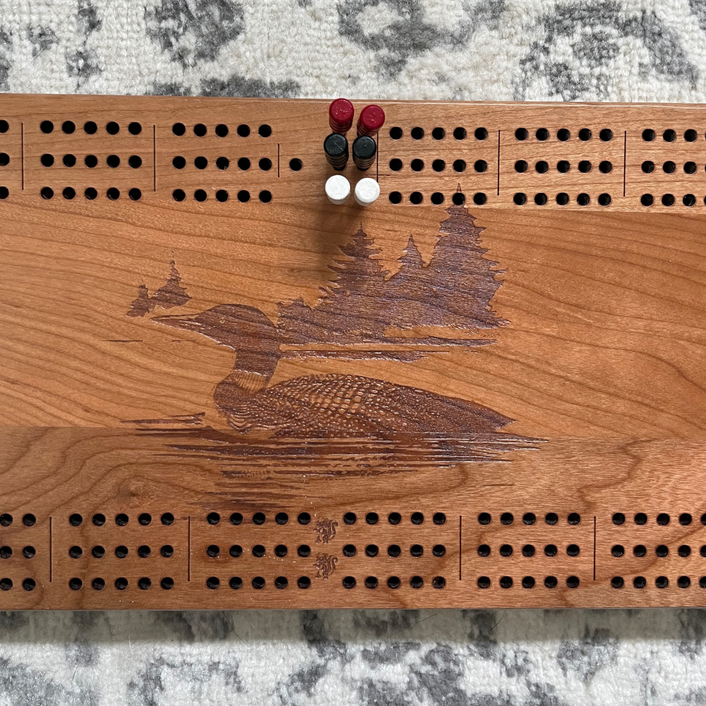 Handcrafted Loon Scene Cribbage Board