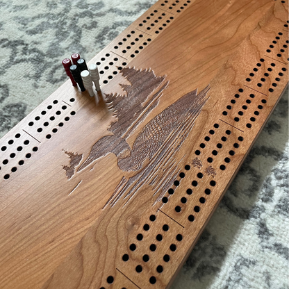 Handcrafted Loon Scene Cribbage Board