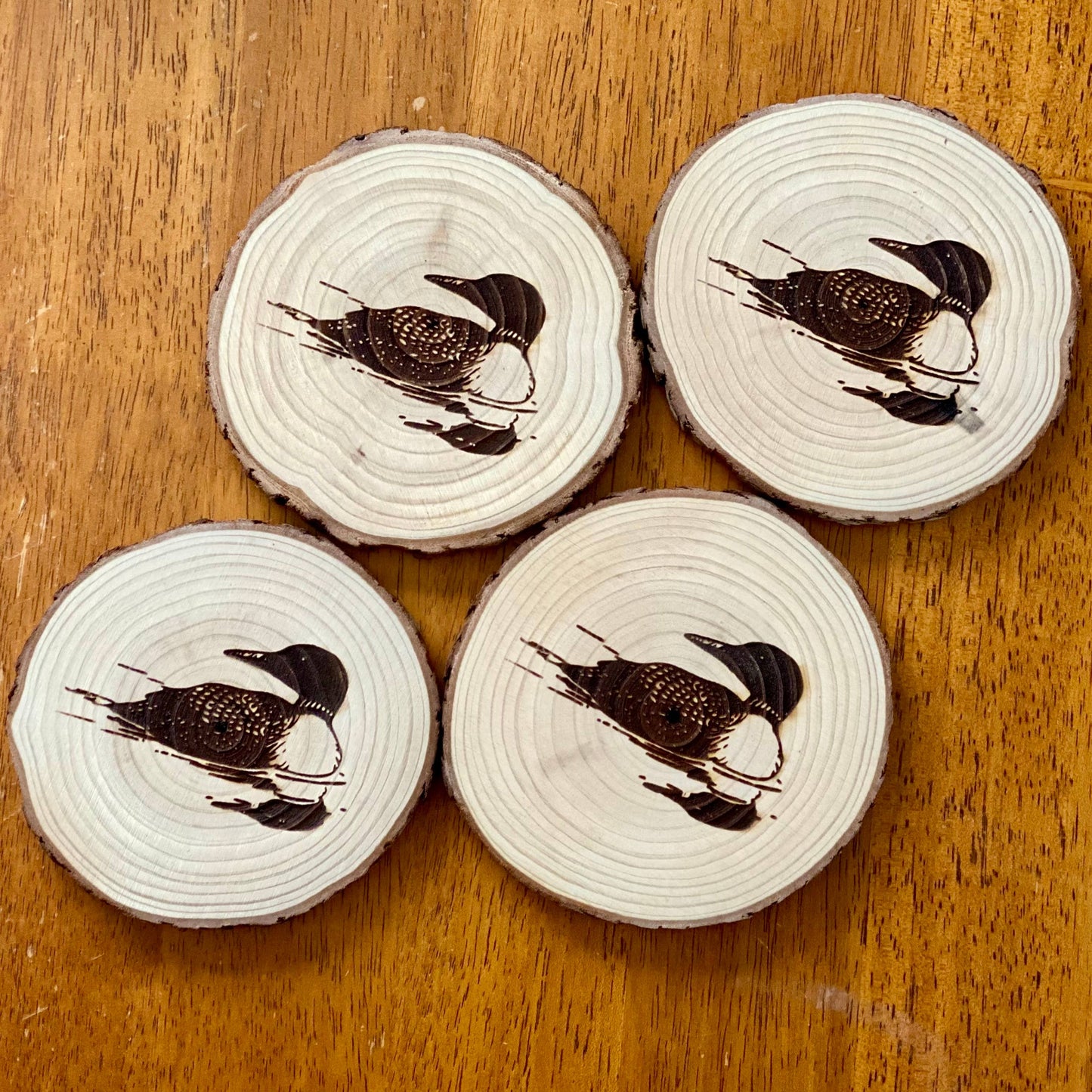 Engraved Loon Wood Coaster Set of 4