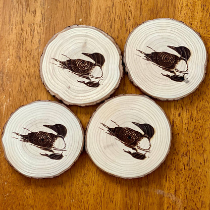 Engraved Loon Wood Coaster Set of 4