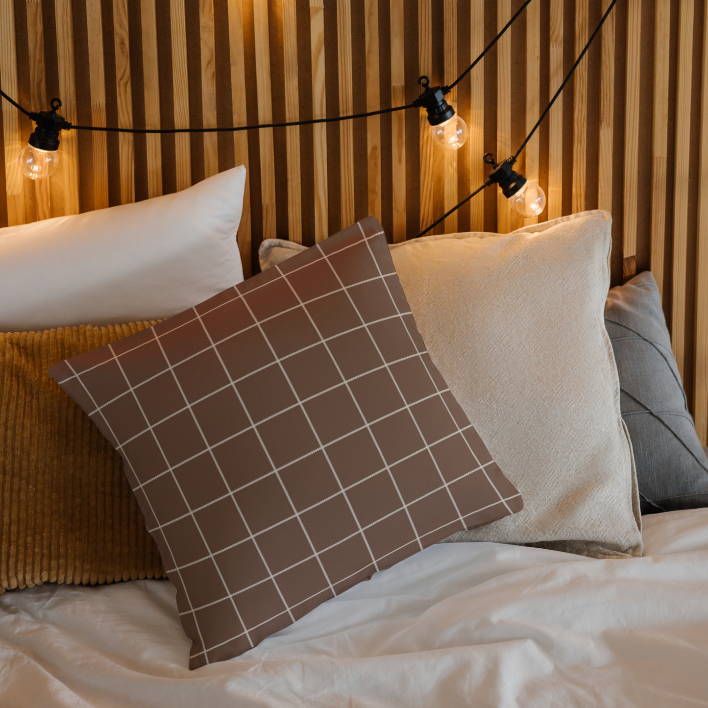 Decorative pillows on a bed with a warm-toned headboard and string lights.